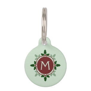 Holly Leaves Monogram Green Red Christmas Holidays Pet Tag