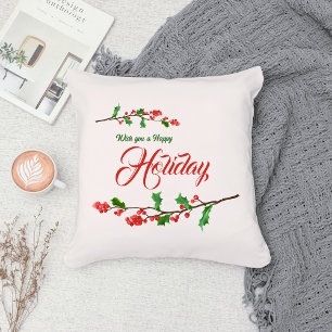 Holly Leaves, Red Berries Christmas Throw Pillow