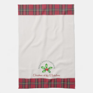 Holly Leaves Red Berries Personal Name Christmas Tea Towel