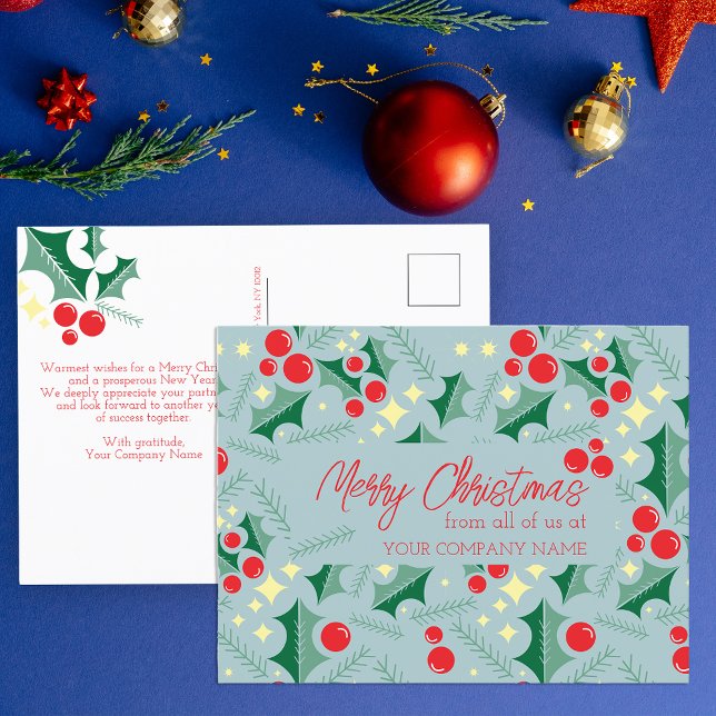 Holly Leaves Red Berries Stars Business Christmas Postcard (Creator Uploaded)