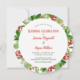 Holly Leaves Red Berry Christmas Festive Wedding Invitation