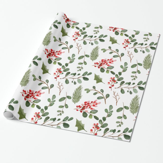 Holly Leaves Red Berry Holiday Watercolor Pattern Wrapping Paper (Unrolled)