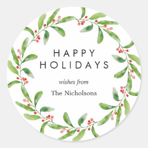 Holly Leaves Red Berry Wreath Modern Holiday Classic Round Sticker