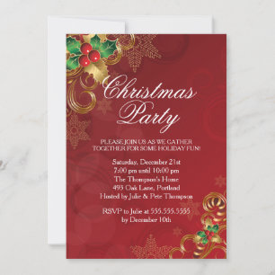 Holly Leaves Red Christmas Party Invitation