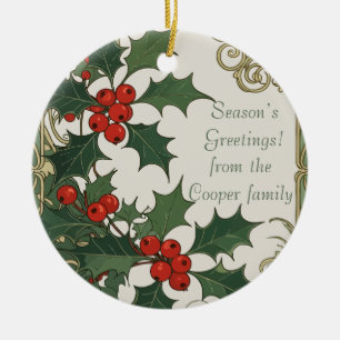 Holly-Leaves Red-Coloured Drupes Christmas-Holiday Ceramic Ornament