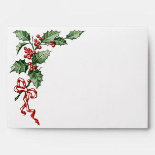 Holly Leaves Red Ribbon Christmas Holiday Address Envelope