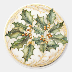 Holly Leaves with Gilded Berries Classic Round Sticker