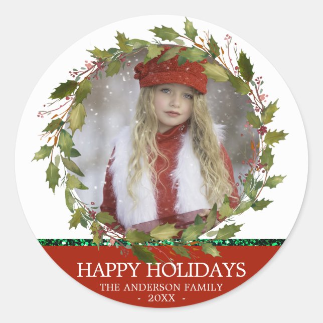 Holly Leaves Wreath Red Christmas Holiday | PHOTO Classic Round Sticker (Front)