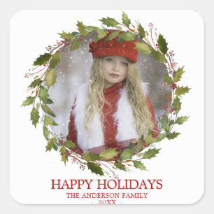 Holly Leaves Wreath Red Christmas Holiday   PHOTO Square Sticker