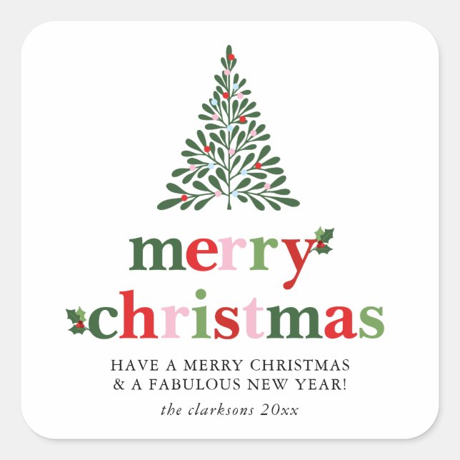 Holly Merry & Bright Christmas Square Sticker (Front)