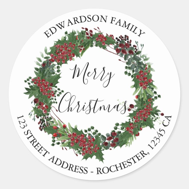 Holly Merry christmas family return address Classic Round Sticker (Front)