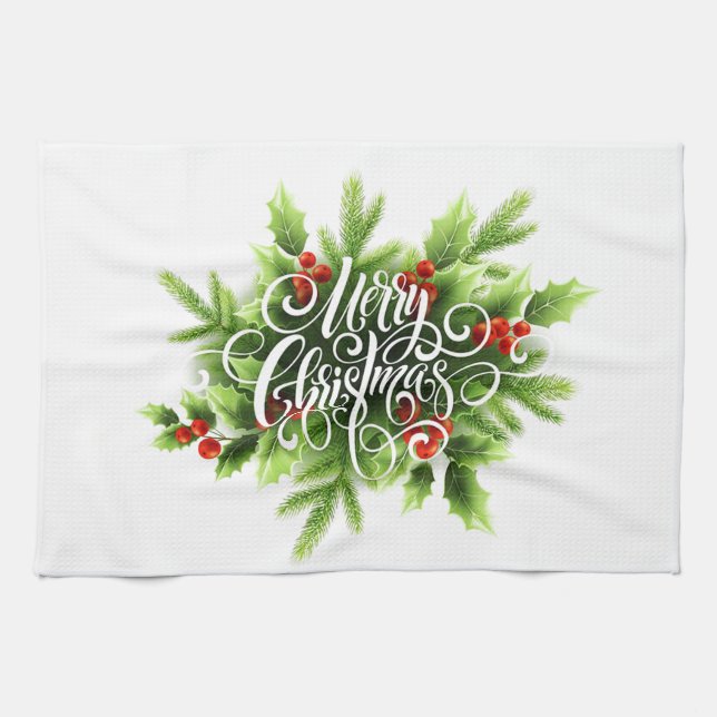 Holly Merry Christmas Kitchen Towel (Horizontal)