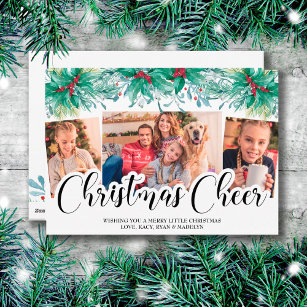 Holly Mistletoe 3 Photo Christmas Cheer Script Holiday Card