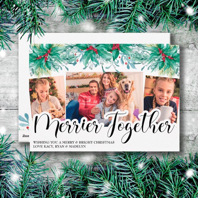 Holly Mistletoe 3 Photo Merrier Together Script Holiday Card (Creator Uploaded)