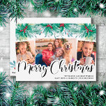 Holly Mistletoe 3 Photo Merry Christmas Script Holiday Card<br><div class="desc">Watercolor Holly and Mistletoe Merry Christmas Card, personalised with 3 of your favourite photos and hand lettering. The photo template is set up for you to add a horizontal photo and 2 vertical photos as well as your personalised greeting. Traditional and classic design decorated with holly, berries, mistletoe and a...</div>