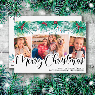 Holly Mistletoe 3 Photo Merry Christmas Script Holiday Card