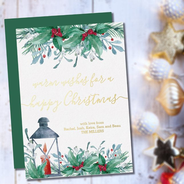 Holly Mistletoe and Lantern Happy Christmas Gold Foil Holiday Card (Creator Uploaded)
