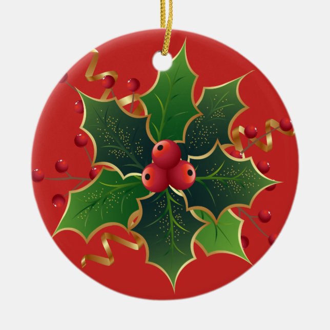 Holly Mistletoe Christmas Tree Ceramic Ornament (Front)