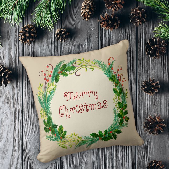Holly mistletoe Merry Christmas wreath green red Cushion (Creator Uploaded)