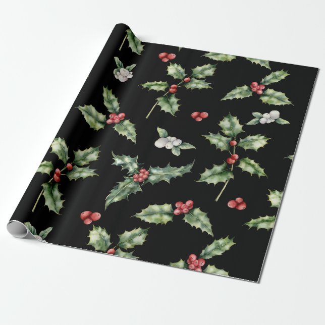 Holly Mistletoe Pattern Wrapping Paper (Unrolled)