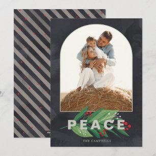 Holly Modern Arch Navy Stripes Custom Photo Holida Holiday Card