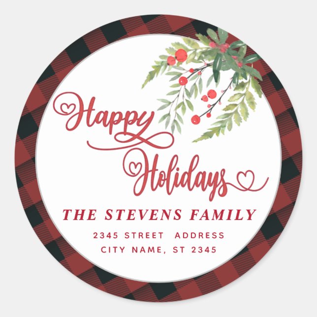 Holly Modern plaid red script Happy Holidays  Classic Round Sticker (Front)