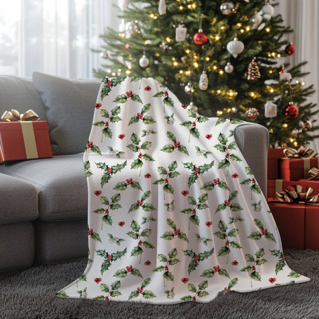 Holly Monogrammed Christmas  Fleece Blanket (Holly Berry Christmas Holiday Blanket)