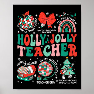 Holly N Jolly Teacher Christmas Coquette Bow Retro Poster