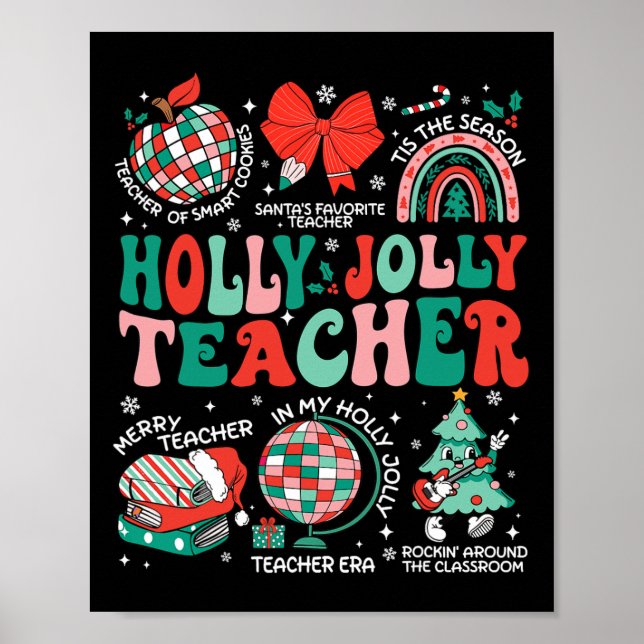 Holly N Jolly Teacher Christmas Coquette Bow Retro Poster (Front)