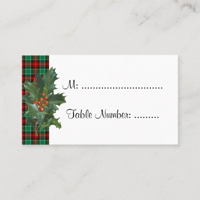 Holly on Red Green Plaid Custom Table Cards (Front)