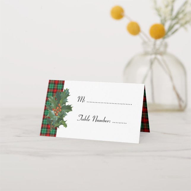 Holly on Red Green Plaid Holiday Table Cards (Front)