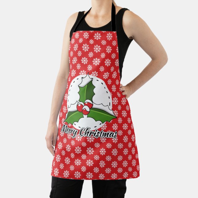 Holly on Red White Snowflakes Pattern - Merry Xmas Apron (Insitu)