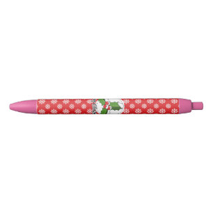 Holly on Red White Snowflakes Pattern - Merry Xmas Black Ink Pen