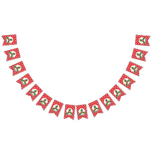 Holly on Red White Snowflakes Pattern - Merry Xmas Bunting