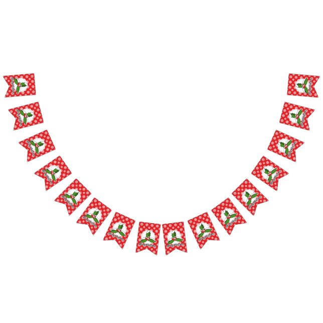 Holly on Red White Snowflakes Pattern - Merry Xmas Bunting (All)