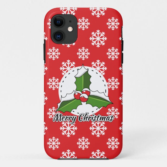 Holly on Red White Snowflakes Pattern - Merry Xmas Case-Mate iPhone Case (Back)