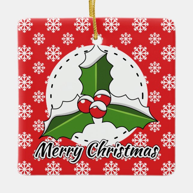 Holly on Red White Snowflakes Pattern - Merry Xmas Ceramic Ornament (Front)