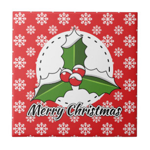 Holly on Red White Snowflakes Pattern - Merry Xmas Ceramic Tile