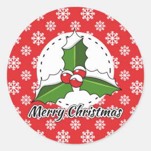 Holly on Red White Snowflakes Pattern - Merry Xmas Classic Round Sticker