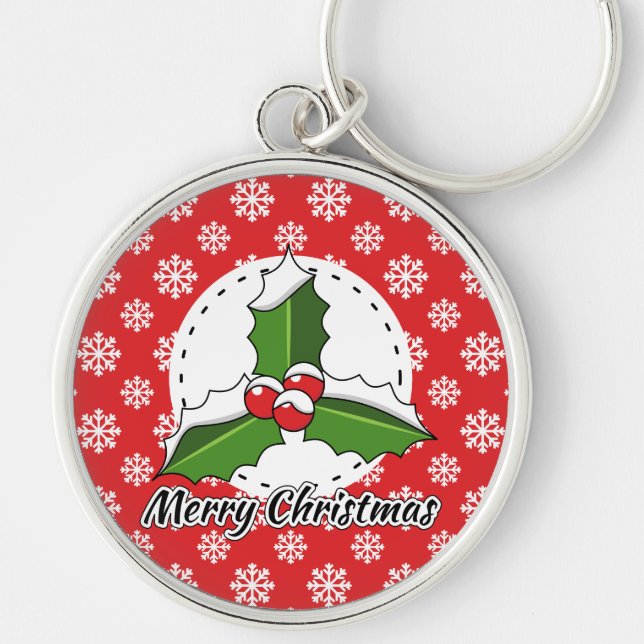 Holly on Red White Snowflakes Pattern - Merry Xmas Key Ring (Front)