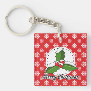 Holly on Red White Snowflakes Pattern - Merry Xmas Key Ring