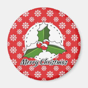 Holly on Red White Snowflakes Pattern - Merry Xmas Magnet