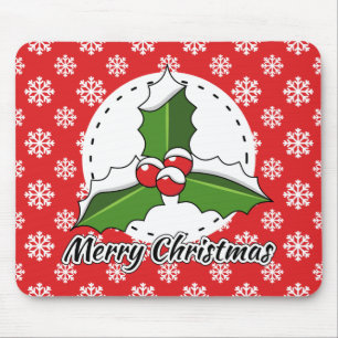 Holly on Red White Snowflakes Pattern - Merry Xmas Mouse Pad