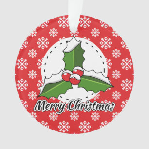 Holly on Red White Snowflakes Pattern - Merry Xmas Ornament