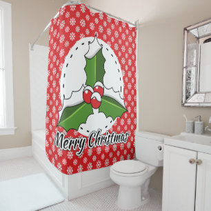 Holly on Red White Snowflakes Pattern - Merry Xmas Shower Curtain