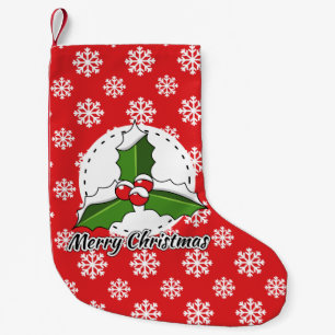 Holly on Red White Snowflakes Pattern - Merry Xmas Small Christmas Stocking
