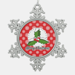 Holly on Red White Snowflakes Pattern - Merry Xmas Snowflake Pewter Christmas Ornament