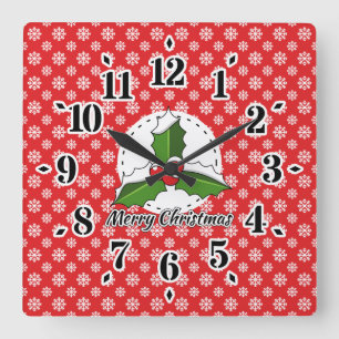 Holly on Red White Snowflakes Pattern - Merry Xmas Square Wall Clock
