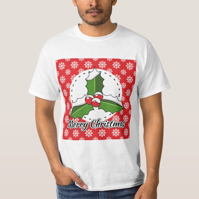 Holly on Red White Snowflakes Pattern - Merry Xmas T-Shirt (Front)