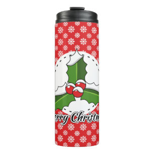 Holly on Red White Snowflakes Pattern - Merry Xmas Thermal Tumbler